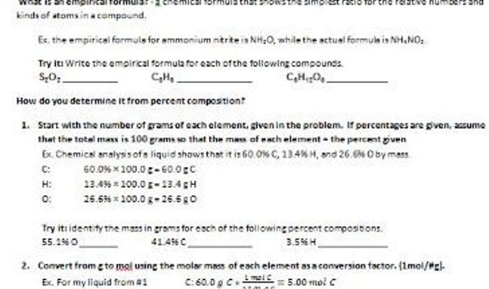 Percent composition and empirical formula worksheet